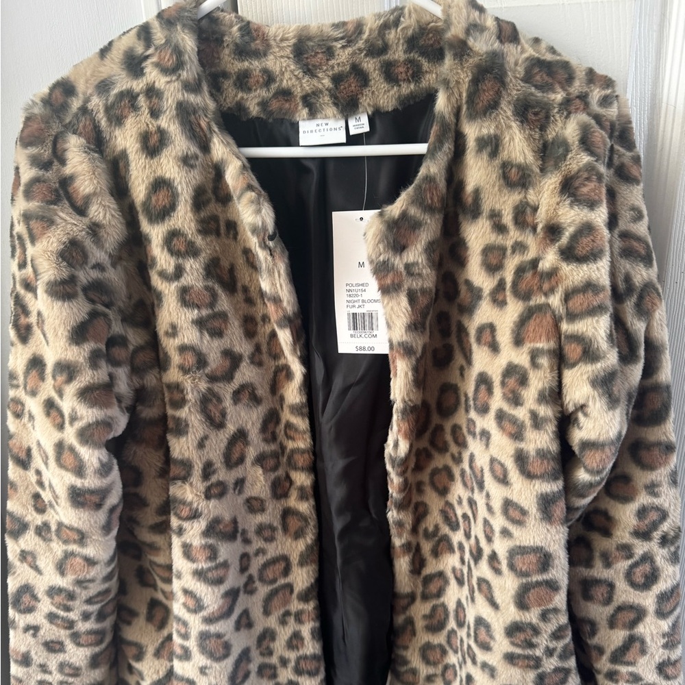 New Directions Leopard Faux Fur Jacket NWT Medium Coat Animal Print $88 Retail